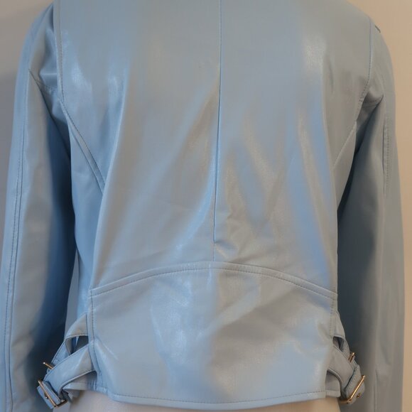 Womens Generation Love "Lindsay" Sky Blue Vegan Leather Moto Jacket M - Picture 8 of 9
